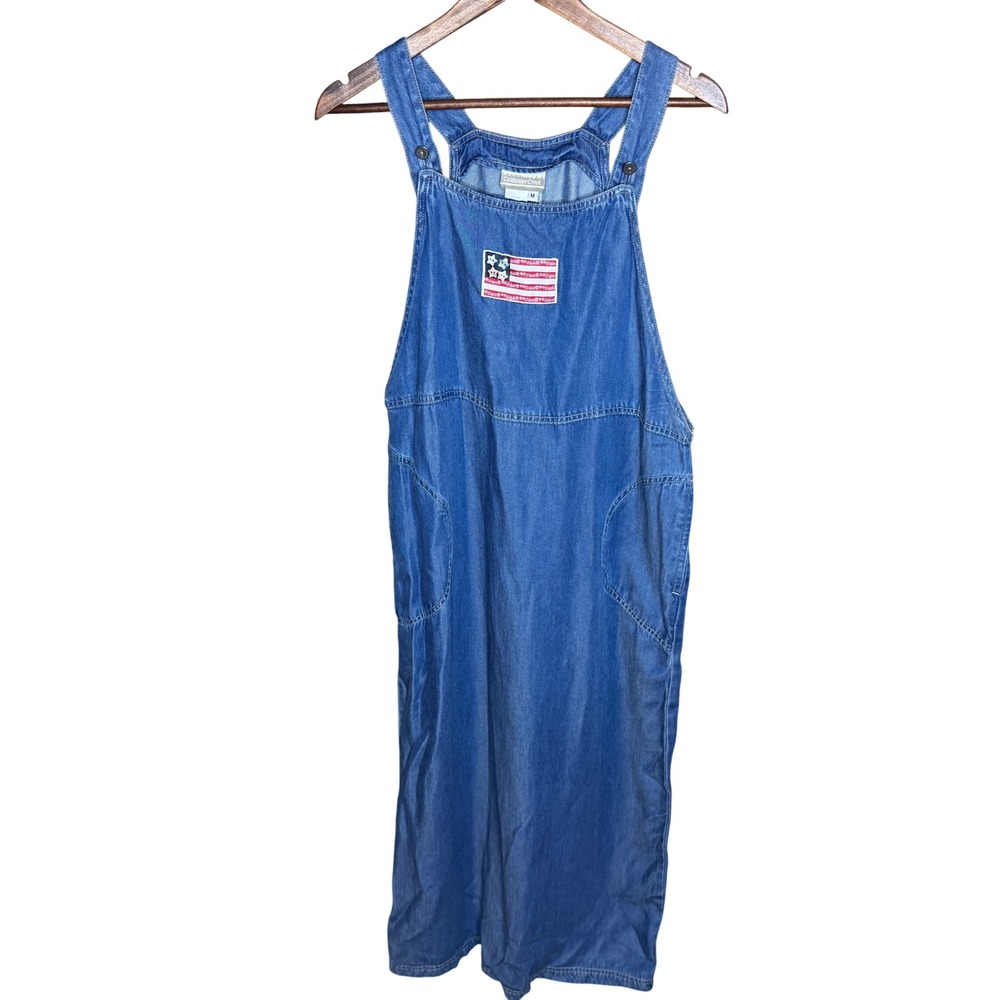 Vintage Blue Denim Overall Jumper Maxi Dress Flag Patch Women M Teacher Core - Picture 2 of 7
